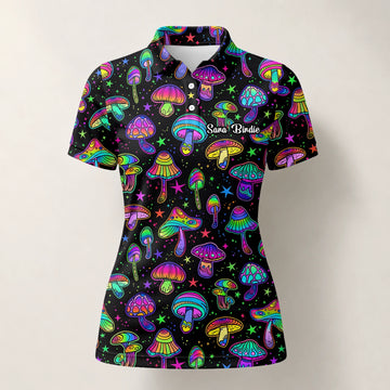 Personalisiertes Golf Poloshirt Schwarz Neon Pilz Psychedelisches Design für Damen L0182