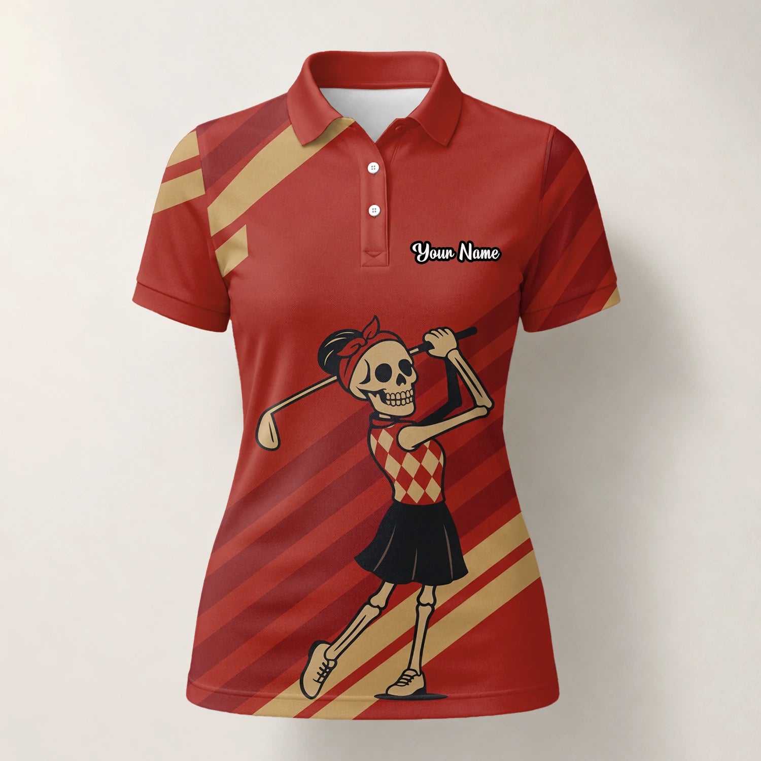 Personalisiertes Golf Poloshirt Rotes Skelett Golfer Cartoon Design für Damen Y0970