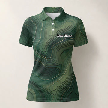 Personalisiertes Golf Poloshirt Grünes Topografisches Konturlinien Design für Damen H2497