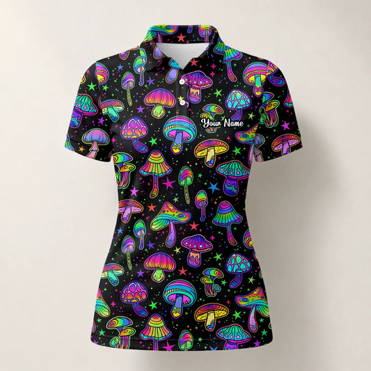 Personalisiertes Golf Poloshirt Schwarz Neon Pilz Psychedelisches Design für Damen L0182