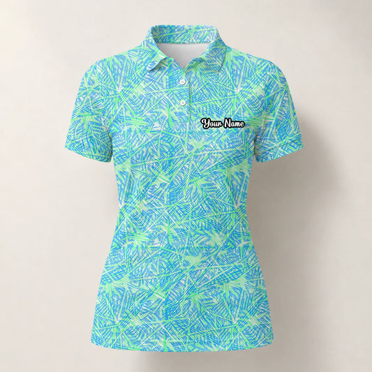 Personalisiertes Golf Poloshirt Türkis Limettengrünes Tropisches Blätter Design für Damen U1015
