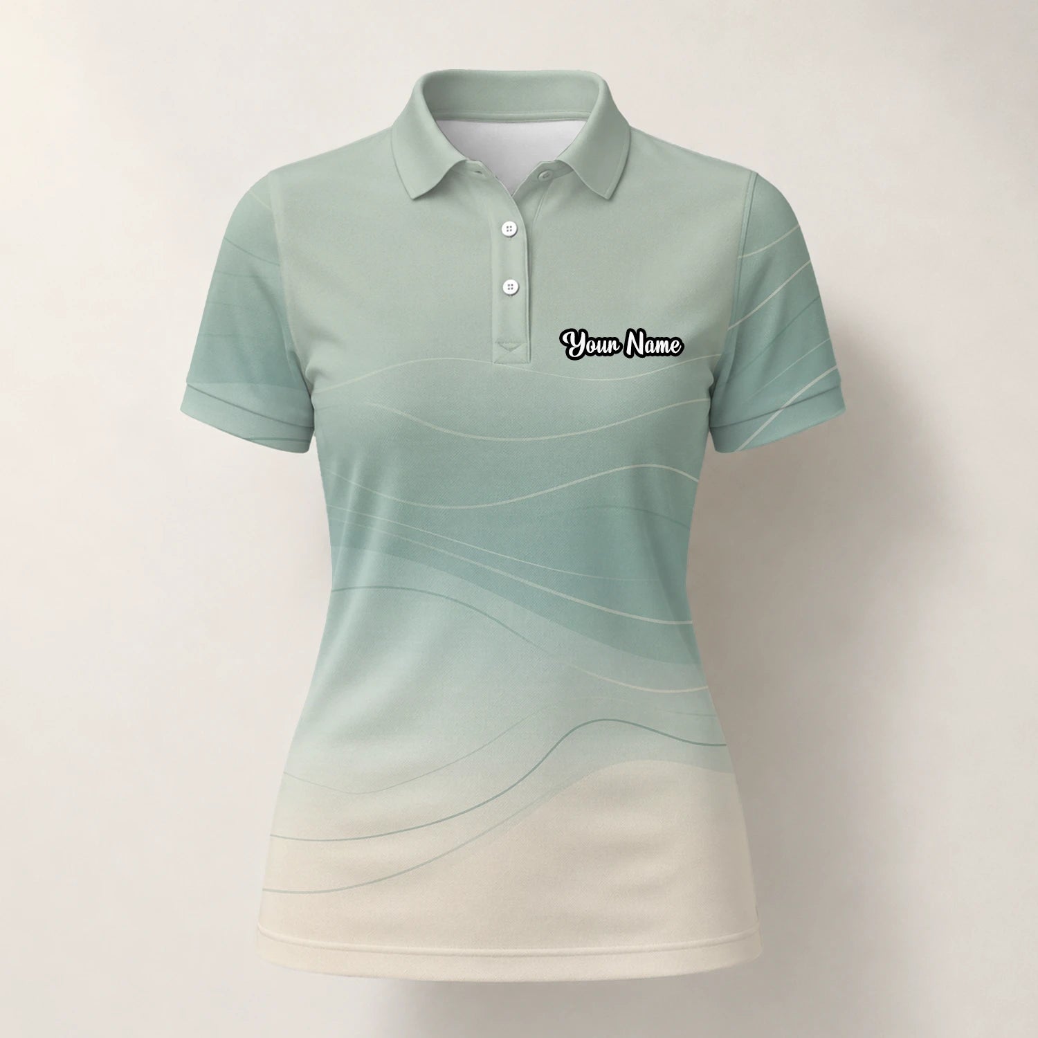 Personalisiertes Golf Poloshirt Salbeigrün Beiges Abstraktes Wellen Design für Damen X8036