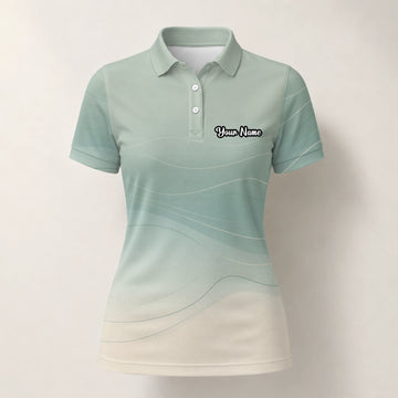 Personalisiertes Golf Poloshirt Salbeigrün Beiges Abstraktes Wellen Design für Damen X8036