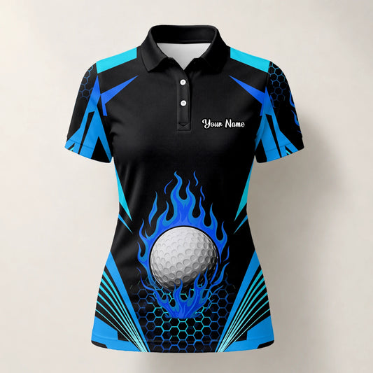 Personalisiertes Golf Poloshirt Schwarz Blaues Golfball Flammen Design für Damen Y8576