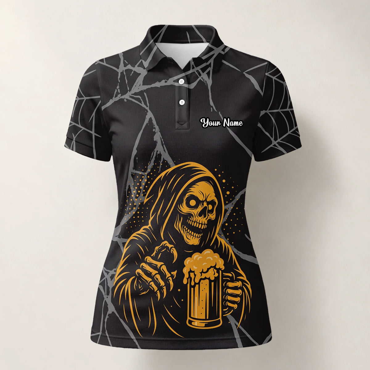 Personalisiertes Golf Poloshirt Schwarz Goldenes Sensenmann Bier Design für Damen J8667