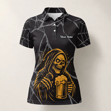 Personalisiertes Golf Poloshirt Schwarz Goldenes Sensenmann Bier Design für Damen J8667