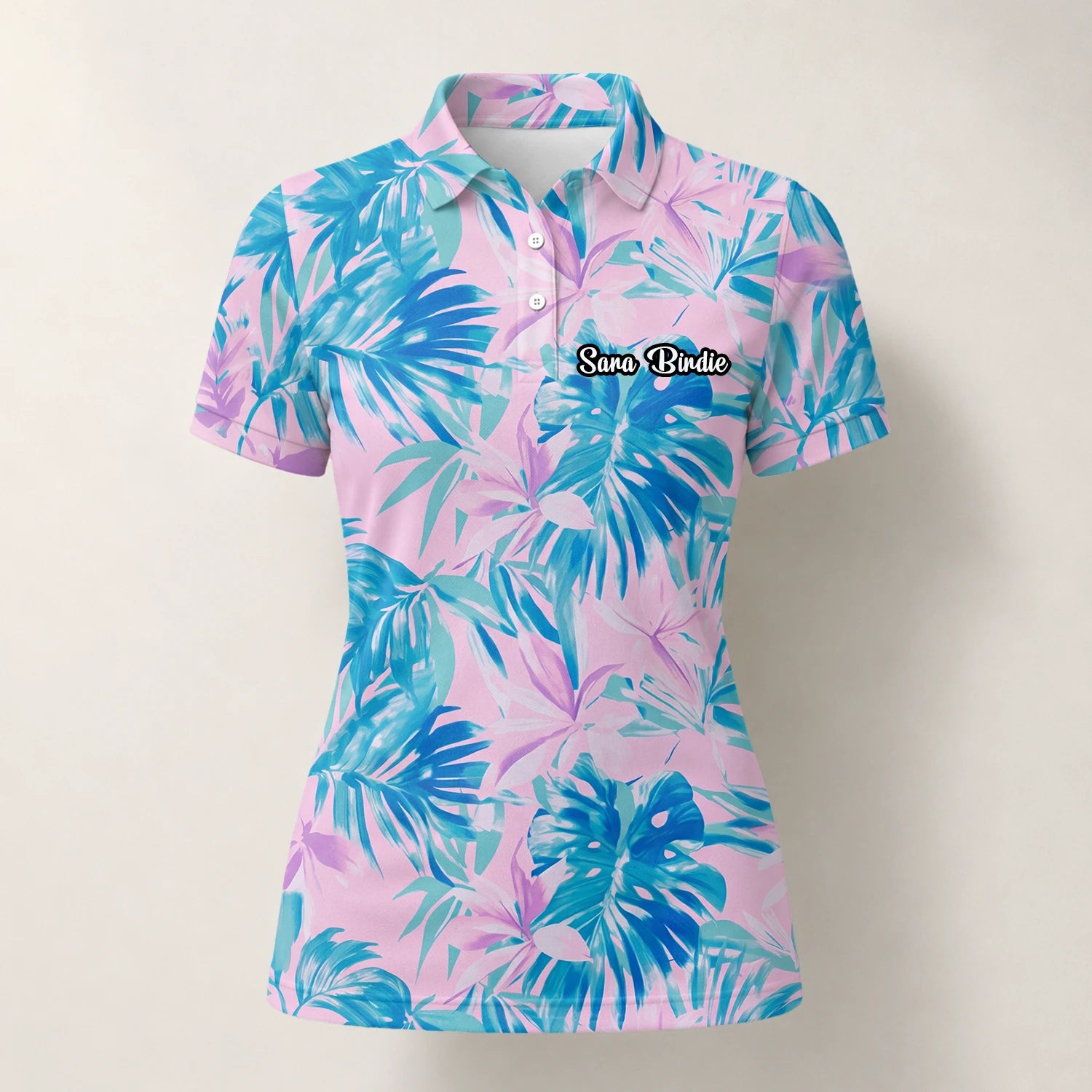 Personalisiertes Golf Poloshirt Rosa Blaues Tropisches Blätter Design für Damen K0497
