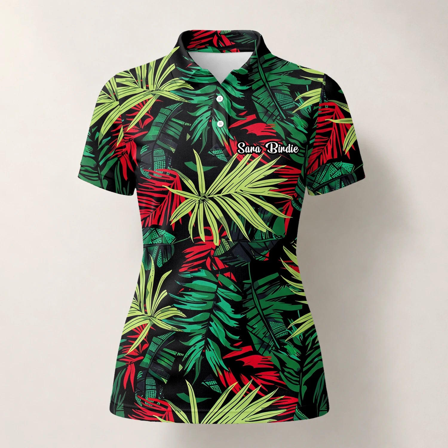 Personalisiertes Golf Poloshirt Schwarz Grün Rotes Tropisches Blätter Design für Damen U5191