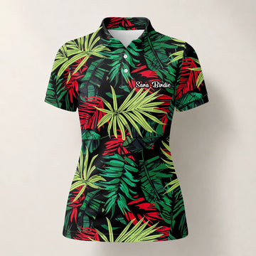 Personalisiertes Golf Poloshirt Schwarz Grün Rotes Tropisches Blätter Design für Damen U5191
