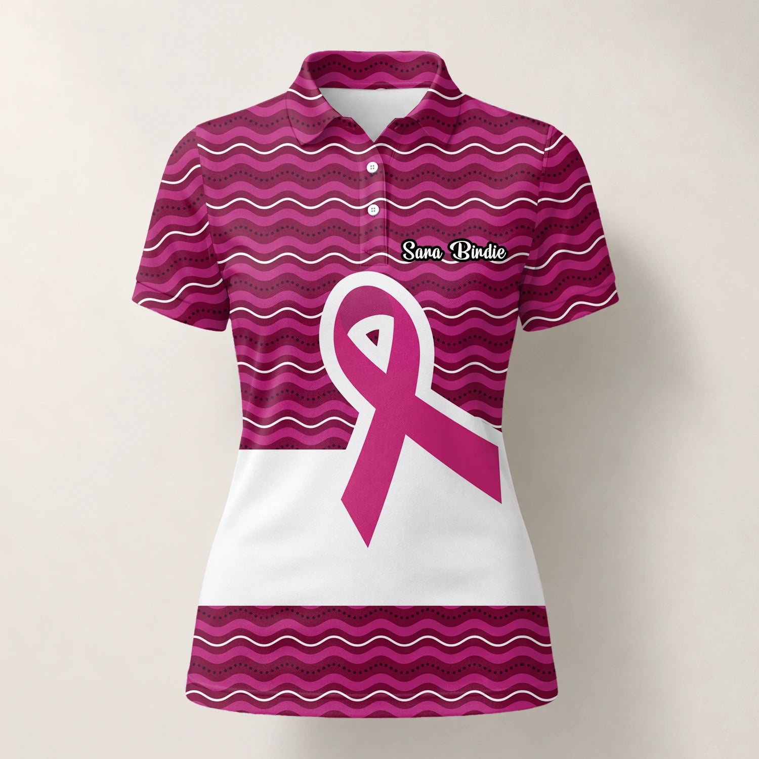 Personalisiertes Golf Poloshirt Rosa Brustkrebs Awareness Schleifen Wellen Design für Damen B1640