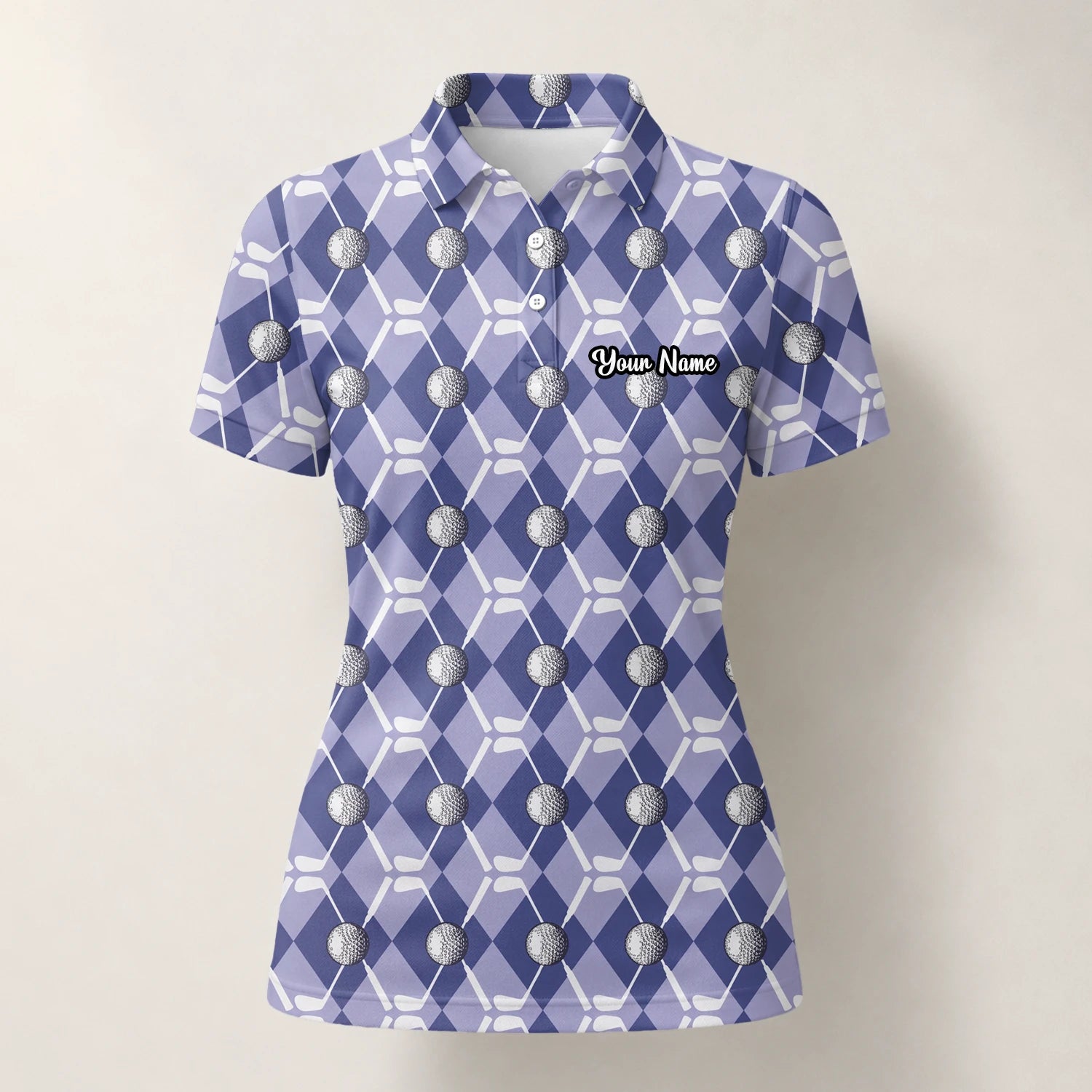 Personalisiertes Golf Poloshirt Blaues Rauten Golfball Golfschläger Design für Damen F3847