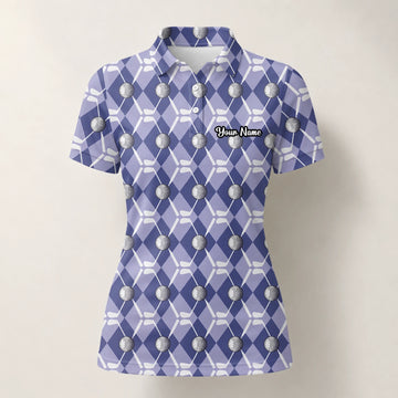 Personalisiertes Golf Poloshirt Blaues Rauten Golfball Golfschläger Design für Damen F3847