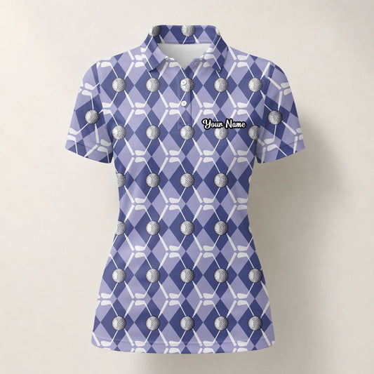 Personalisiertes Golf Poloshirt Blaues Rauten Golfball Golfschläger Design für Damen F3847