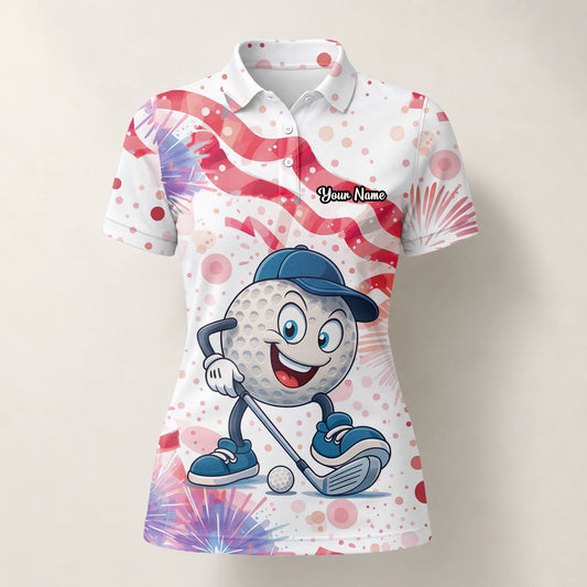 Personalisiertes Golf Poloshirt Weiß Rosa Golfball Cartoon Feuerwerk Design für Damen C2083