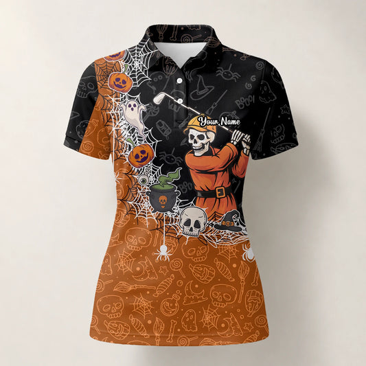 Personalisiertes Golf Poloshirt Schwarz Orange Halloween Skelett Golfer Spinnennetz Design für Damen Y5076