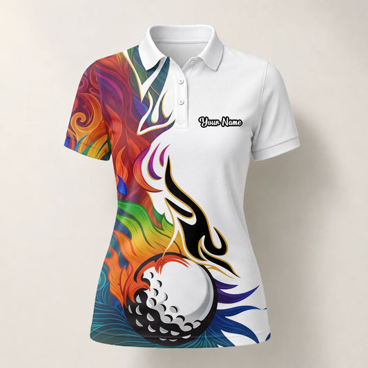 Personalisiertes Golf Poloshirt Weißes Regenbogen Flammen Golfball Design für Damen P6012