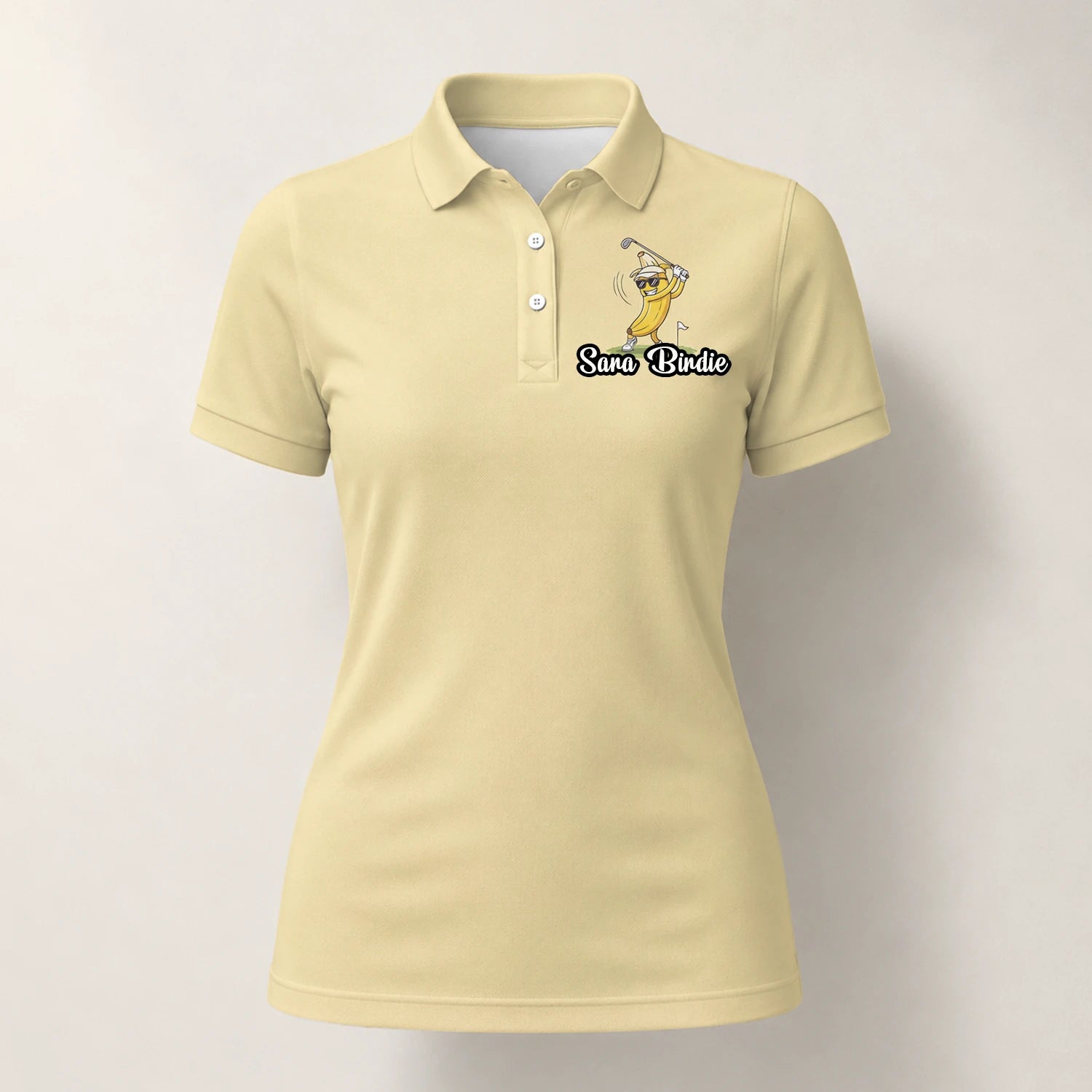 Personalisiertes Golf Poloshirt Hellgelbes Bananen Golfer Cartoon Design für Damen X9847