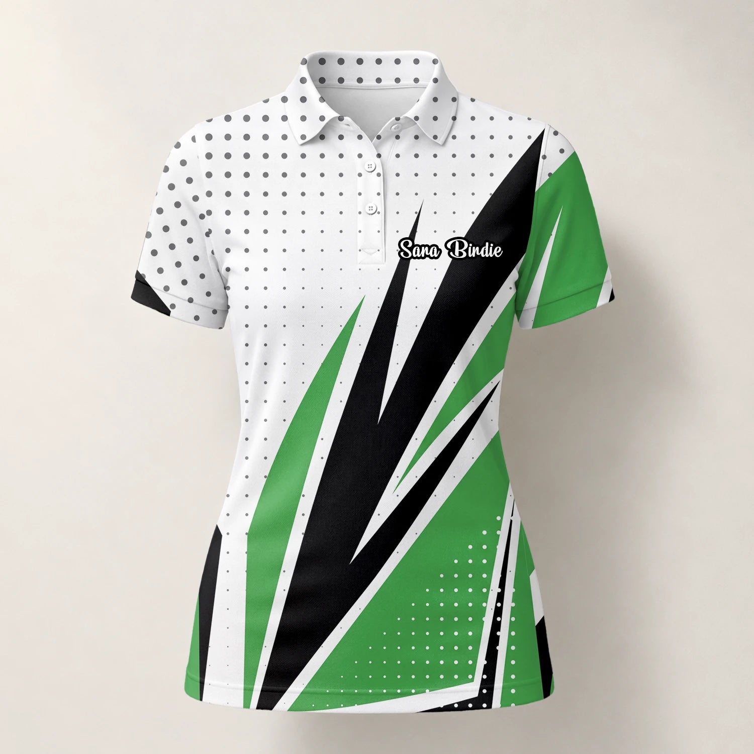 Personalisiertes Golf Poloshirt Weiß Grün Schwarzes Abstraktes Streifen Design für Damen C9494