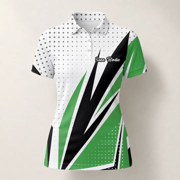 Personalisiertes Golf Poloshirt Weiß Grün Schwarzes Abstraktes Streifen Design für Damen C9494
