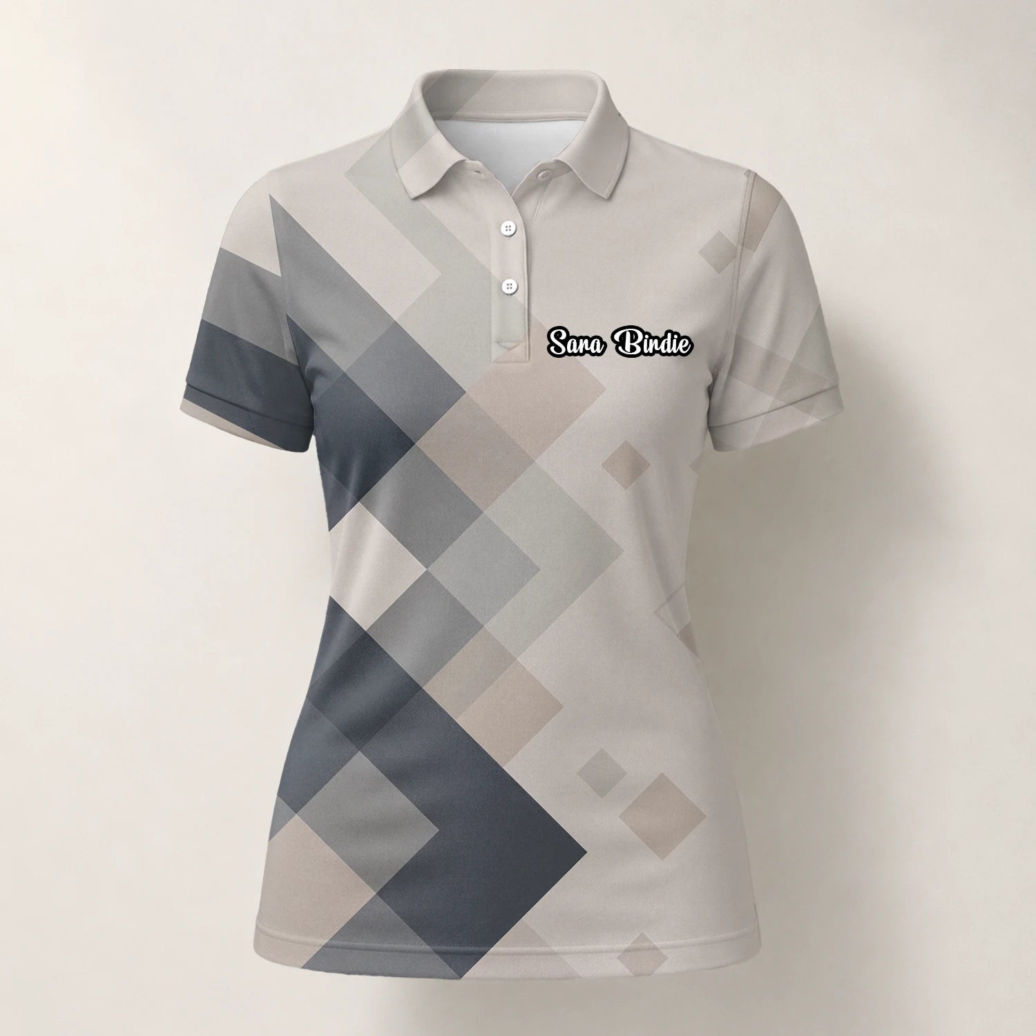 Personalisiertes Golf Poloshirt Beige Graues Rauten Muster für Damen Z6499