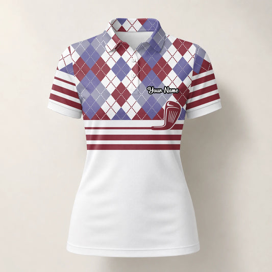 Personalisiertes Golf Poloshirt Weiß Bordeaux Rauten Golfschläger Streifen Design für Damen K9019