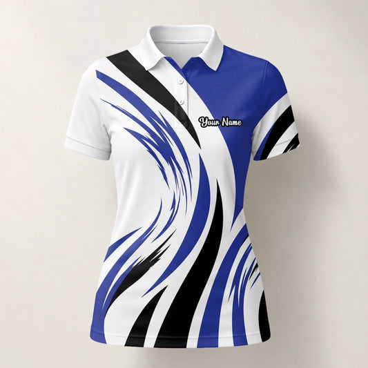 Personalisiertes Golf Poloshirt Weiß Blau Schwarzes Abstraktes Wellen Design für Damen V7849