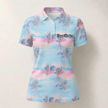Personalisiertes Golf Poloshirt Pastellblau Rosa Palmen Sonnenuntergang Design für Damen G4431