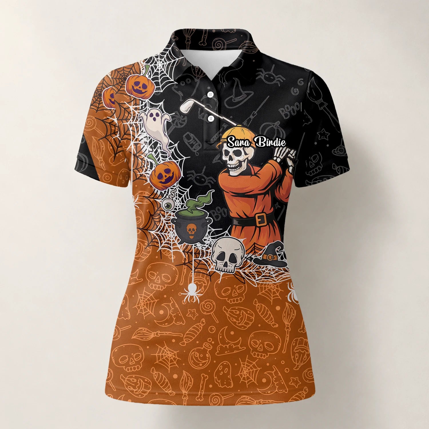 Personalisiertes Golf Poloshirt Schwarz Orange Halloween Skelett Golfer Spinnennetz Design für Damen Y5076