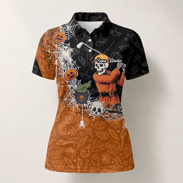 Personalisiertes Golf Poloshirt Schwarz Orange Halloween Skelett Golfer Spinnennetz Design für Damen Y5076