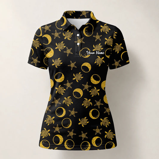 Personalisiertes Golf Poloshirt Schwarz Goldenes Meeresschildkröten Mond Stern Design für Damen V4483