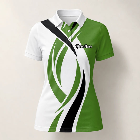 Personalisiertes Golf Poloshirt Weiß Grün Schwarzes Abstraktes Wellen Design für Damen P7352