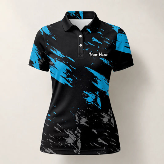 Personalisiertes Golf Poloshirt Schwarz Blaues Pinselstrich Design für Damen H3779