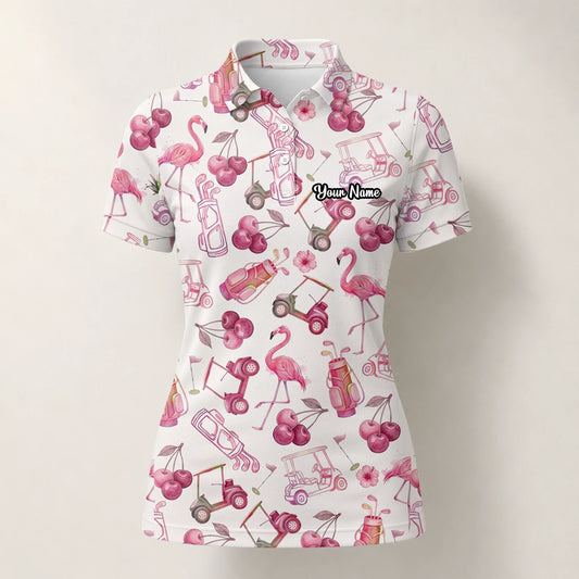 Personalisiertes Golf Poloshirt Creme Rosa Flamingo Golfcart Cocktail Design für Damen T9296