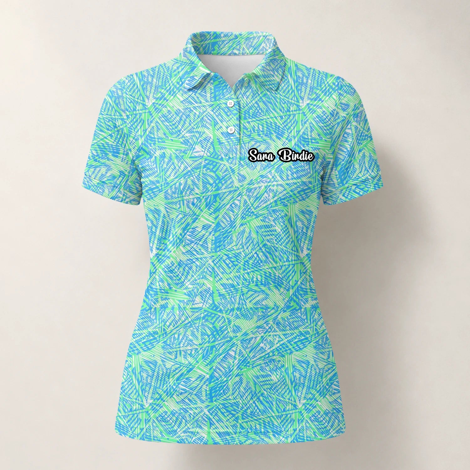 Personalisiertes Golf Poloshirt Türkis Limettengrünes Tropisches Blätter Design für Damen U1015