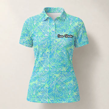 Personalisiertes Golf Poloshirt Türkis Limettengrünes Tropisches Blätter Design für Damen U1015