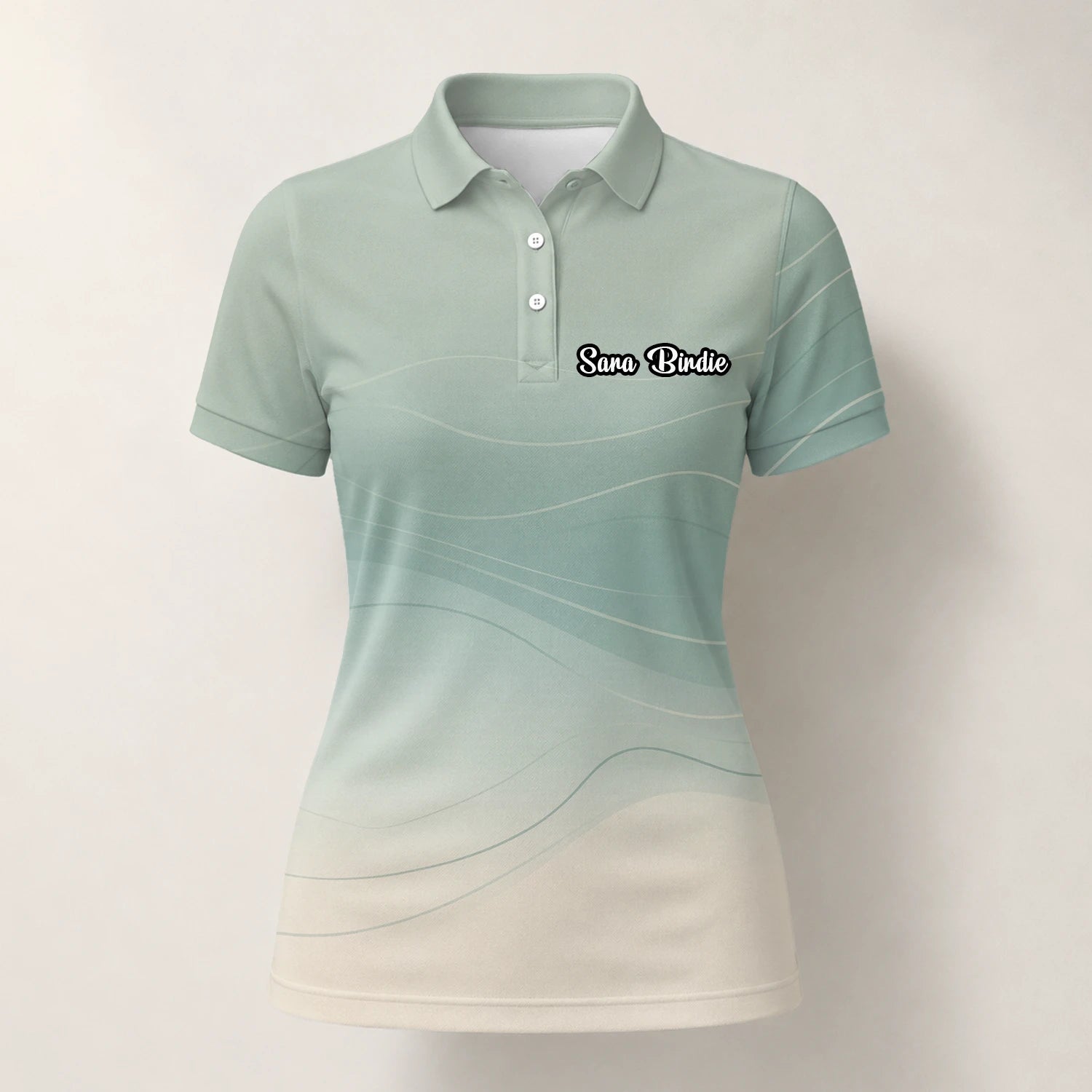 Personalisiertes Golf Poloshirt Salbeigrün Beiges Abstraktes Wellen Design für Damen X8036