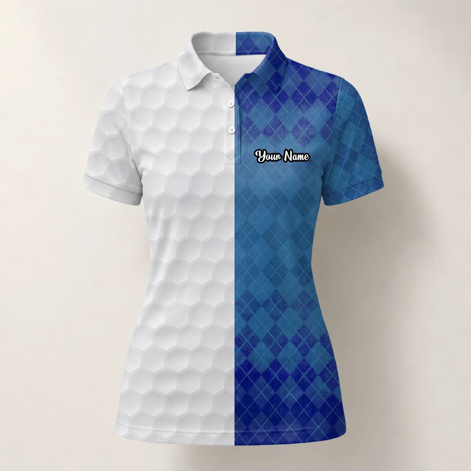 Personalisiertes Golf Poloshirt in Weiß-Blau mit Rautenmuster und Golfball-Textur für Damen X5072