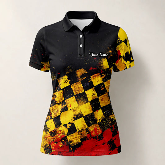 Personalisiertes Golf Poloshirt Schwarz Gelb Rotes Grunge Schachbrett Design für Damen R0396