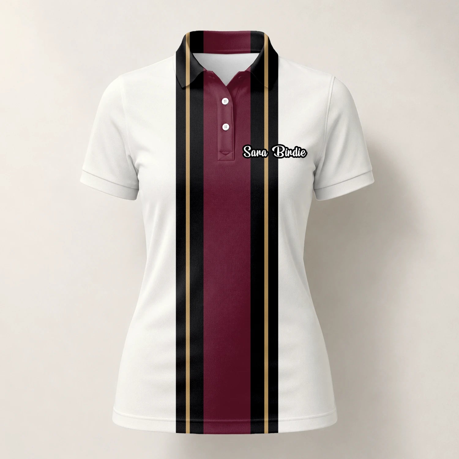 Personalisiertes Golf Poloshirt Weiß Bordeaux Schwarzes Rennstreifen Design für Damen G7028