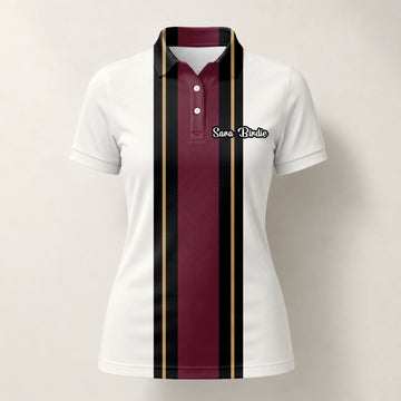 Personalisiertes Golf Poloshirt Weiß Bordeaux Schwarzes Rennstreifen Design für Damen G7028