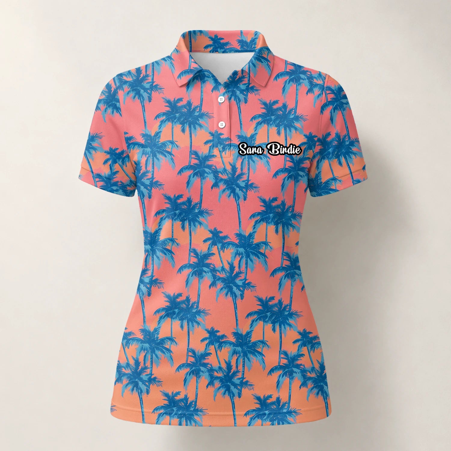 Personalisiertes Golf Poloshirt Korallenrosa Blaues Palmen Design für Damen A5845