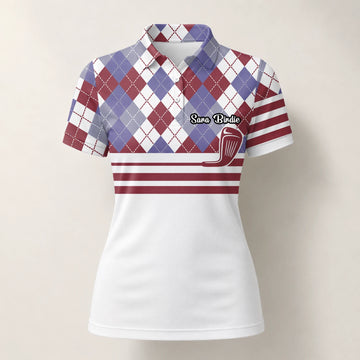 Personalisiertes Golf Poloshirt Weiß Bordeaux Rauten Golfschläger Streifen Design für Damen K9019