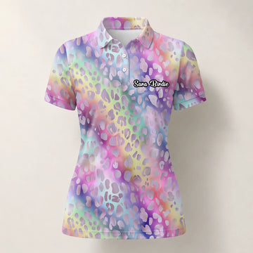 Personalisiertes Golf Poloshirt Pastell Regenbogen Leo Print Design für Damen E5373