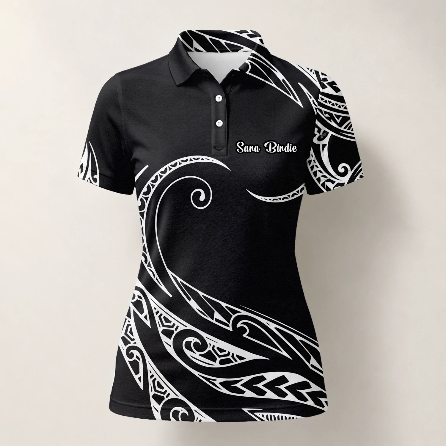 Personalisiertes Golf Poloshirt Schwarz Weißes Tribal Wellen Design für Damen R9560