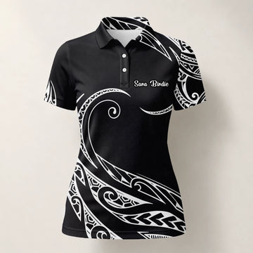 Personalisiertes Golf Poloshirt Schwarz Weißes Tribal Wellen Design für Damen R9560