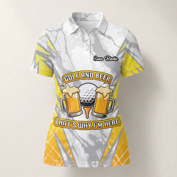 Personalisiertes Golf Poloshirt Grau Gelbes Golf und Bier Spruch Design für Damen P2319