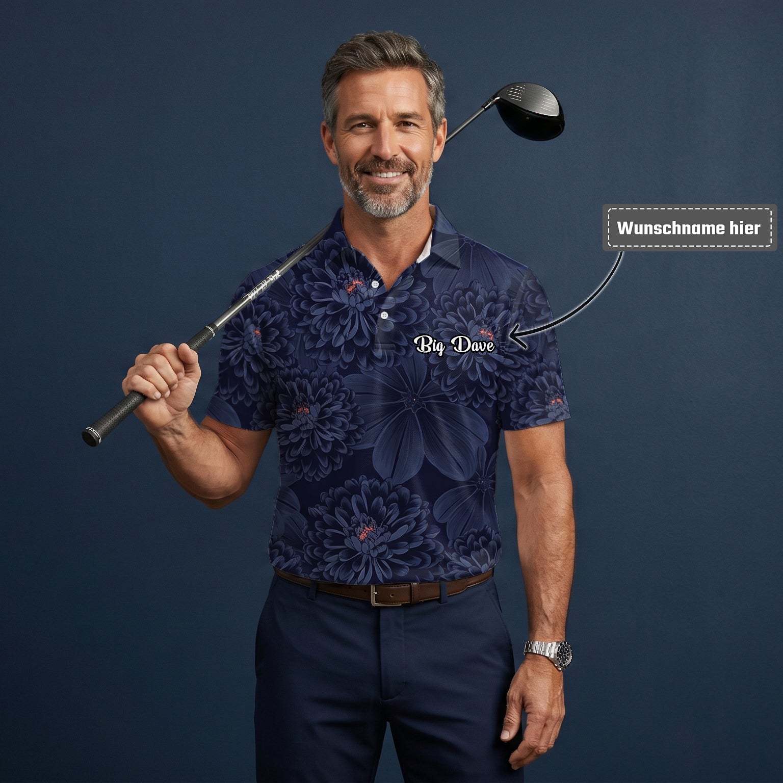 Personalisiertes Golf Poloshirt Dunkelblaues Chrysanthemen Blumen Design für Herren A0086