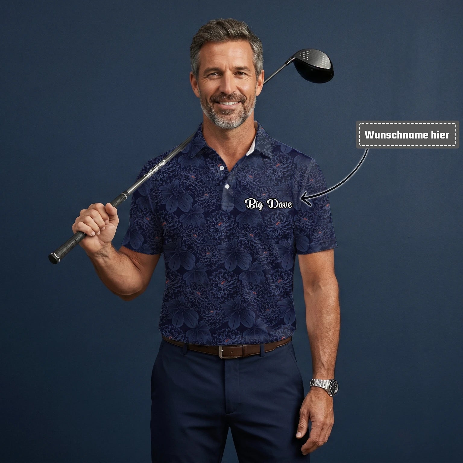 Personalisiertes Golf Poloshirt Dunkelblaues Chrysanthemen Blumen Design für Herren A0086