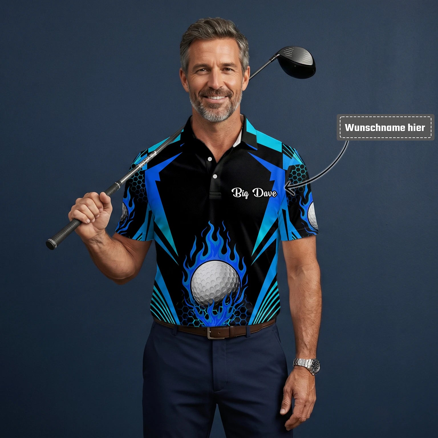 Personalisiertes Golf Poloshirt Schwarz Blaues Golfball Flammen Design für Herren Y8576