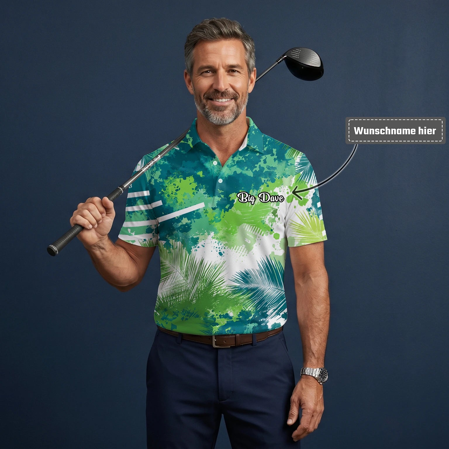 Personalisiertes Golf Poloshirt Grün Blaues Tropisches Blätter Farbklecks Design für Herren B7869